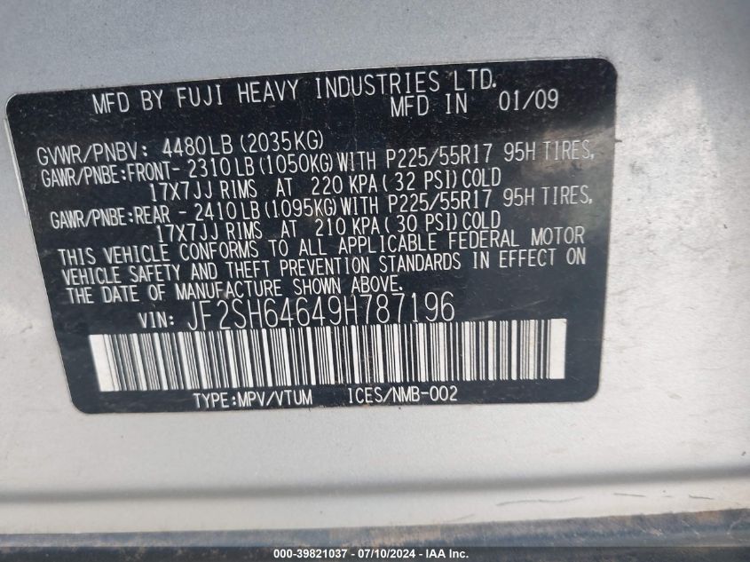 2009 Subaru Forester 2.5X Limited VIN: JF2SH64649H787196 Lot: 39821037