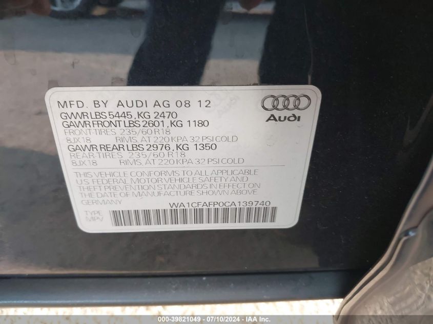 2012 Audi Q5 2.0T Premium VIN: WA1CFAFP0CA139740 Lot: 39821049
