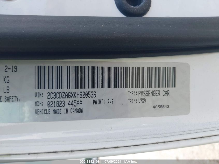 2019 Dodge Challenger Sxt VIN: 2C3CDZAGXKH620536 Lot: 39821064