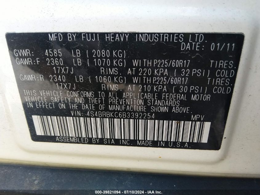 2011 Subaru Outback 2.5I Limited VIN: 4S4BRBKC6B3392254 Lot: 39821094