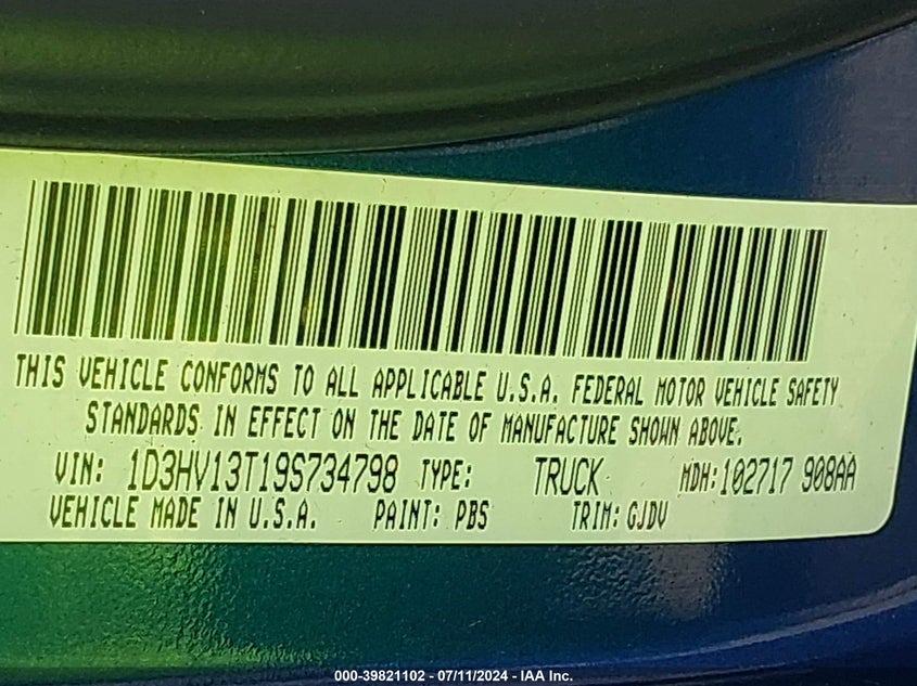 2009 Dodge Ram 1500 Laramie VIN: 1D3HV13T19S734798 Lot: 39821102