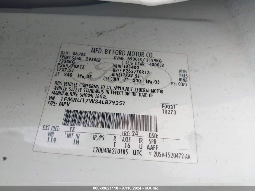 2004 Ford Expedition Eddie Bauer VIN: 1FMRU17W34LB79257 Lot: 39821110