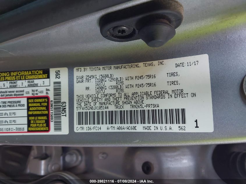 2018 Toyota Tacoma Sr5 VIN: 5TFAX5GN0JX105144 Lot: 39821116