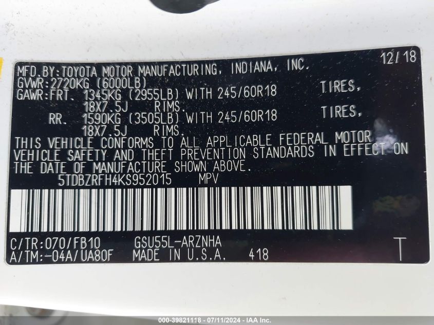 2019 Toyota Highlander Le VIN: 5TDBZRFH4KS952015 Lot: 39821118