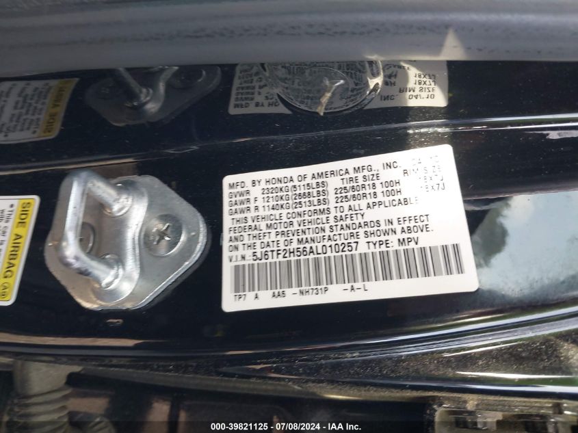 2010 Honda Accord Crosstour Ex-L VIN: 5J6TF2H56AL010257 Lot: 39821125