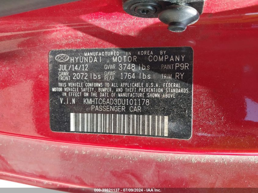 2013 Hyundai Veloster VIN: KMHTC6AD3DU101178 Lot: 39821137