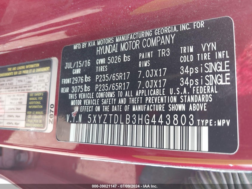 2017 Hyundai Santa Fe Sport 2.4L VIN: 5XYZTDLB3HG443803 Lot: 39821147