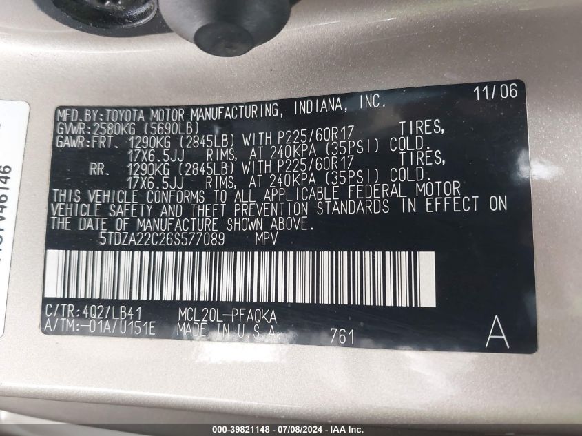 2006 Toyota Sienna Xle Limited VIN: 5TDZA22C26S577089 Lot: 39821148