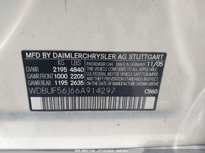 2006 Mercedes-Benz E 350 VIN: WDBUF56J66A914297 Lot: 39821165