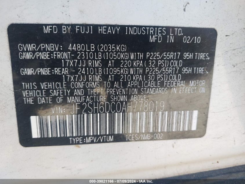 2010 Subaru Forester 2.5X Limited VIN: JF2SH6DC0AH778019 Lot: 39821166