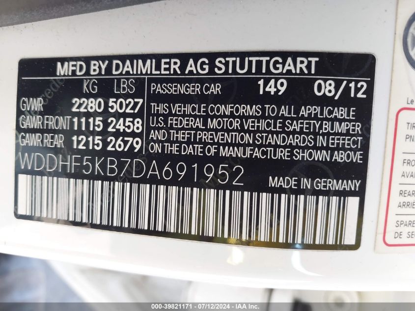 2013 Mercedes-Benz E 350 VIN: WDDHF5KB7DA691952 Lot: 39821171