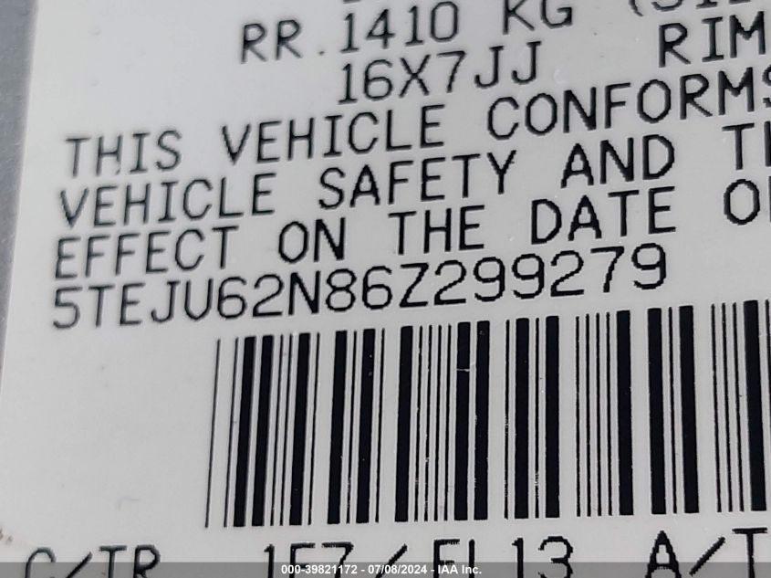 2006 Toyota Tacoma Prerunner V6 VIN: 5TEJU62N86Z299279 Lot: 39821172