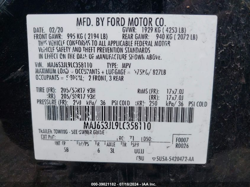 2020 Ford Ecosport Ses VIN: MAJ6S3JL9LC358110 Lot: 39821182