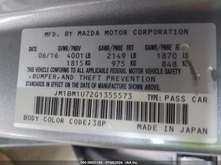 2016 Mazda Mazda3 I Sport VIN: JM1BM1U72G1355573 Lot: 39821185