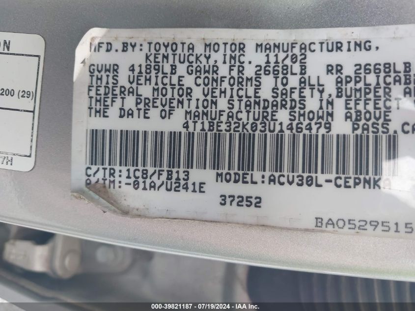 2003 Toyota Camry Le VIN: 4T1BE32K03U146479 Lot: 39821187