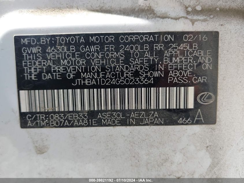 2016 Lexus Is 200T 200T VIN: JTHBA1D24G5023364 Lot: 39821192