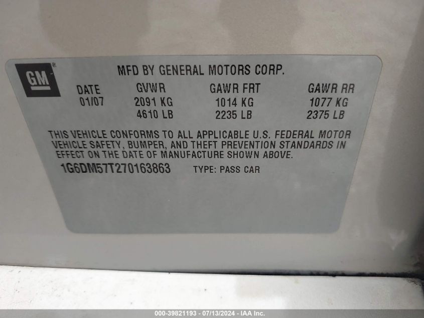 2007 Cadillac Cts Standard VIN: 1G6DM57T270163863 Lot: 39821193
