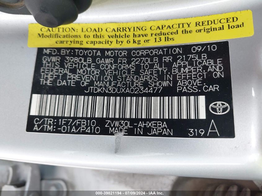 2010 Toyota Prius Ii VIN: JTDKN3DUXA0234477 Lot: 39821194