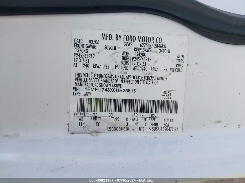 2006 Ford Explorer Eddie Bauer VIN: 1FMEU748X6UB25815 Lot: 39821197
