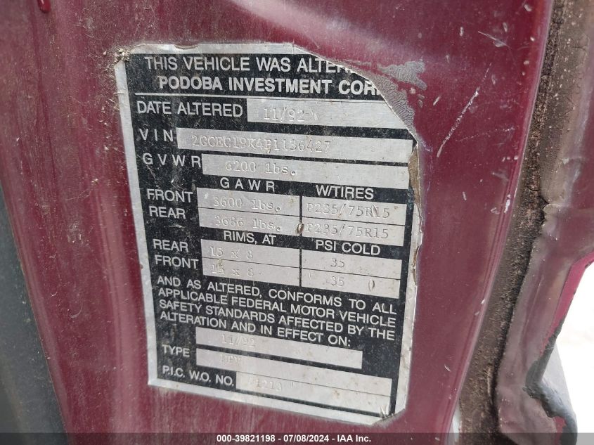 1993 Chevrolet Gmt-400 C1500 VIN: 2GCEC19K4P1136427 Lot: 39821198