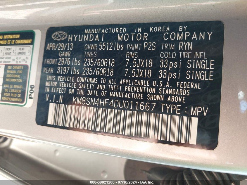 2013 Hyundai Santa Fe Gls VIN: KM8SN4HF4DU011667 Lot: 39821200