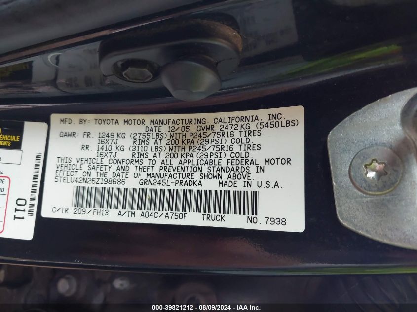 2006 Toyota Tacoma VIN: 5TELU42N26Z198686 Lot: 39821212