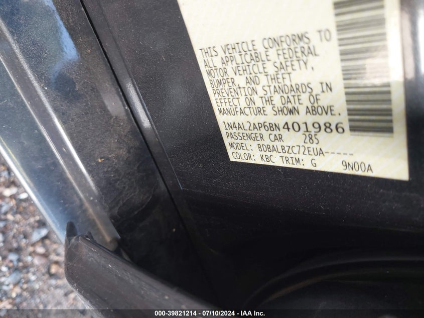 2011 Nissan Altima 2.5 S VIN: 1N4AL2AP6BN401986 Lot: 39821214