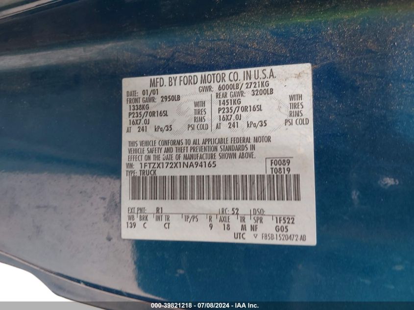 2001 Ford F-150 Xl/Xlt VIN: 1FTZX172X1NA94165 Lot: 39821218