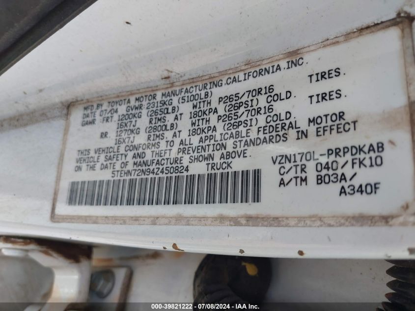 2004 Toyota Tacoma Base V6 VIN: 5TEHN72N94Z450824 Lot: 39821222