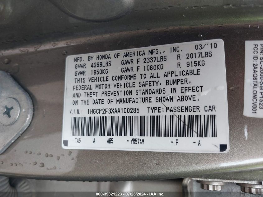 2010 Honda Accord 2.4 Lx VIN: 1HGCP2F3XAA100285 Lot: 39821223