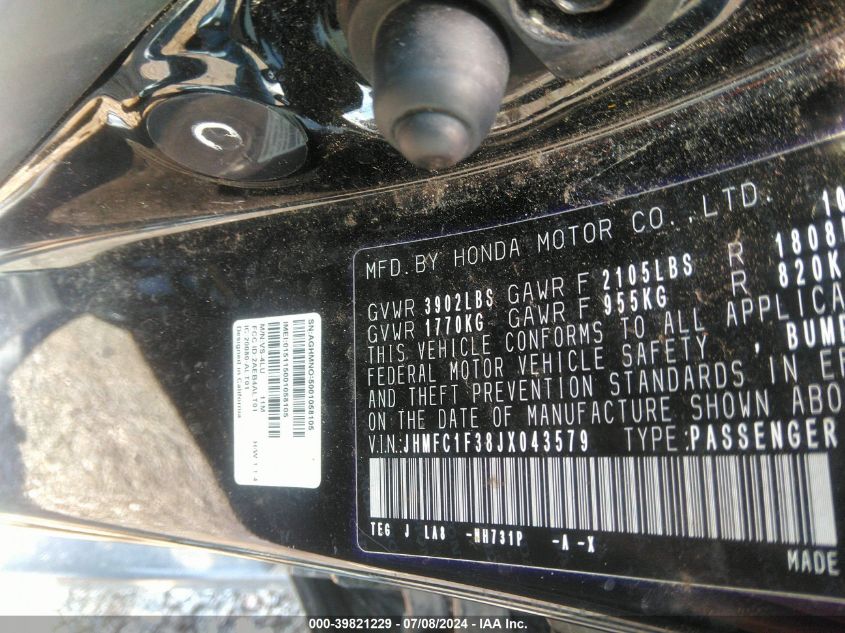 2018 Honda Civic Ex-T VIN: JHMFC1F38JX043579 Lot: 39821229