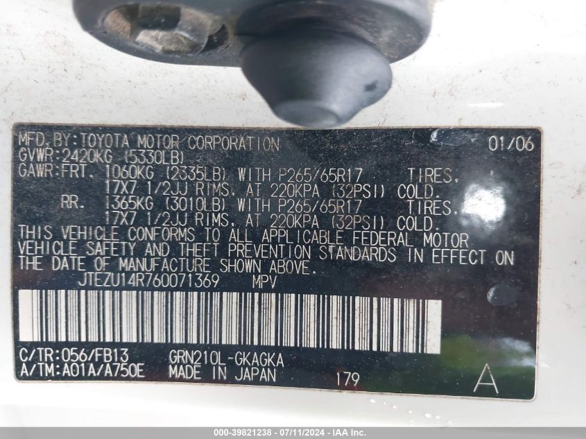 2006 Toyota 4Runner Sr5 Sport V6 VIN: JTEZU14R760071369 Lot: 39821238