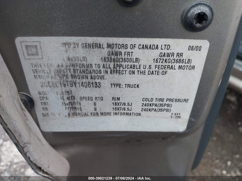 2000 Chevrolet Silverado 1500 Ls VIN: 2GCEC19T9Y1406133 Lot: 39821239