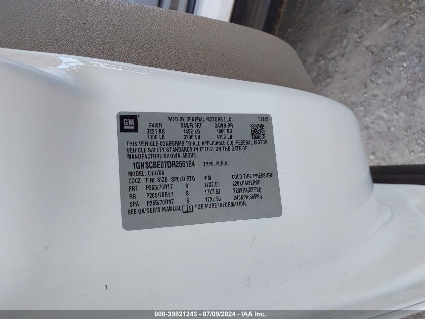 2013 Chevrolet Tahoe Lt VIN: 1GNSCBE07DR256164 Lot: 39821243