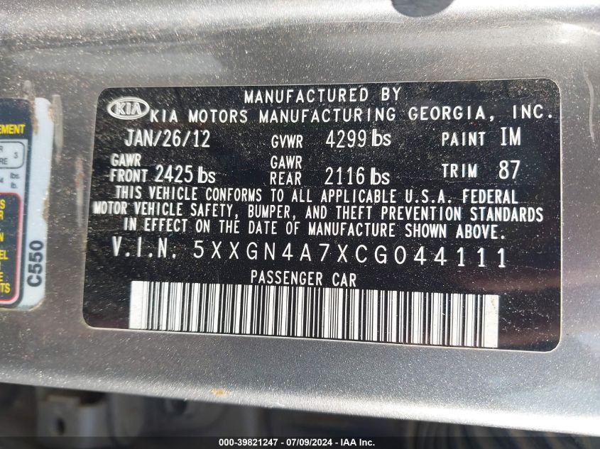 2012 Kia Optima Ex VIN: 5XXGN4A7XCG044111 Lot: 39821247