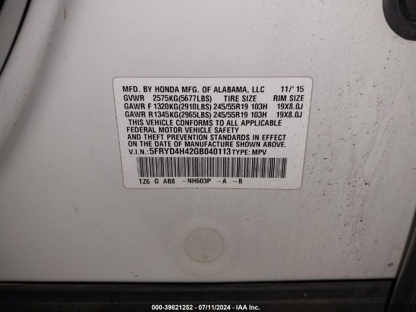 2016 Acura Mdx Technology Acurawatch Plus Packages/Technology Package VIN: 5FRYD4H42GB040113 Lot: 39821252