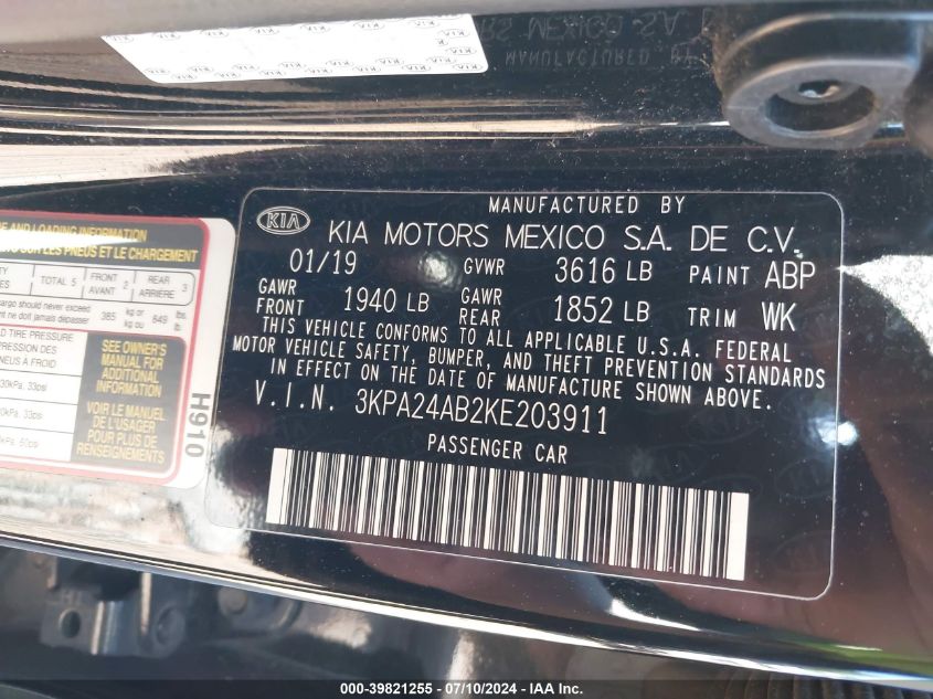 2019 Kia Rio Lx VIN: 3KPA24AB2KE203911 Lot: 39821255