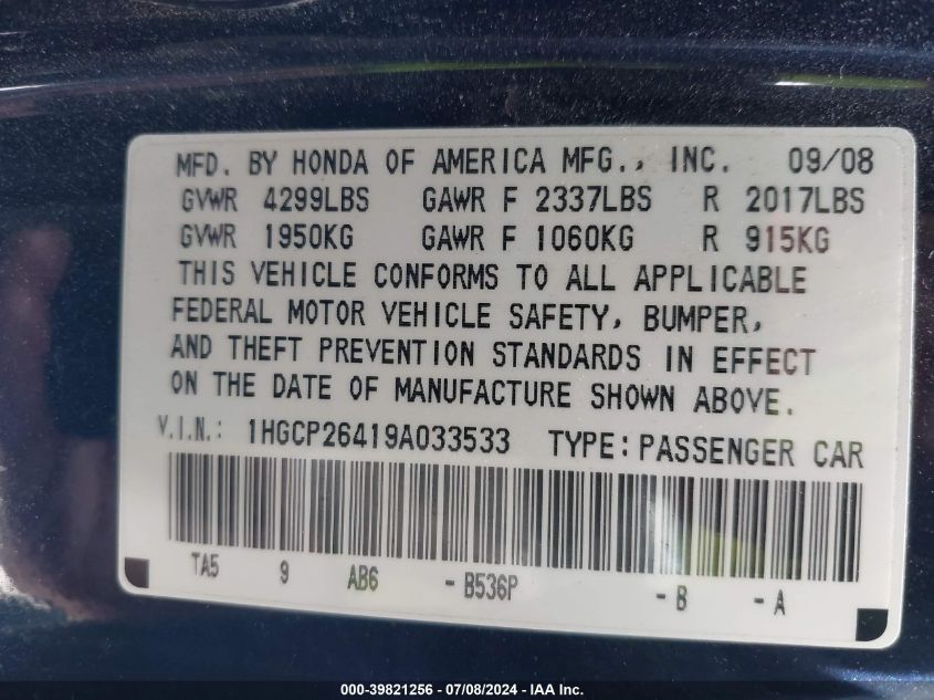2009 Honda Accord 2.4 Lx-P VIN: 1HGCP26419A033533 Lot: 39821256