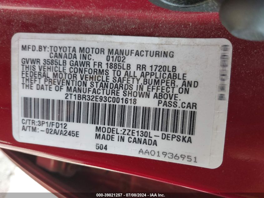 2003 Toyota Corolla S VIN: 2T1BR32E93C001618 Lot: 39821257