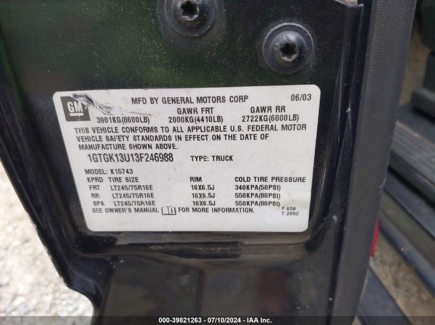 2003 GMC Sierra 1500Hd Slt VIN: 1GTGK13U13F246988 Lot: 39821263