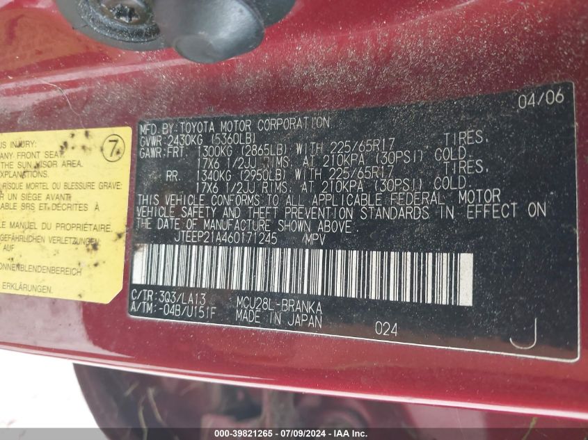 2006 Toyota Highlander Limited V6 VIN: JTEEP21A460171245 Lot: 39821265