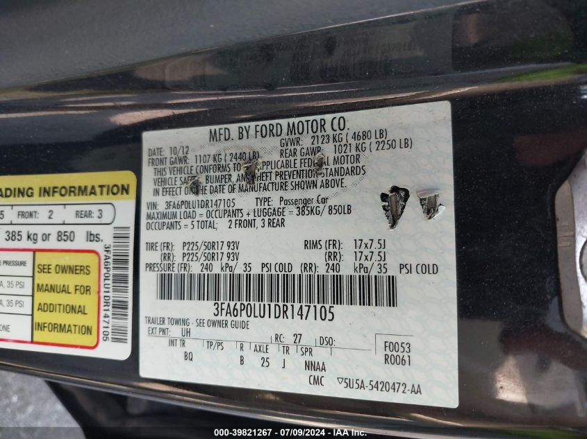 2013 Ford Fusion Hybrid Se VIN: 3FA6P0LU1DR147105 Lot: 39821267