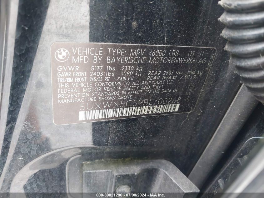 2011 BMW X3 xDrive28I VIN: 5UXWX5C59BL700268 Lot: 39821290