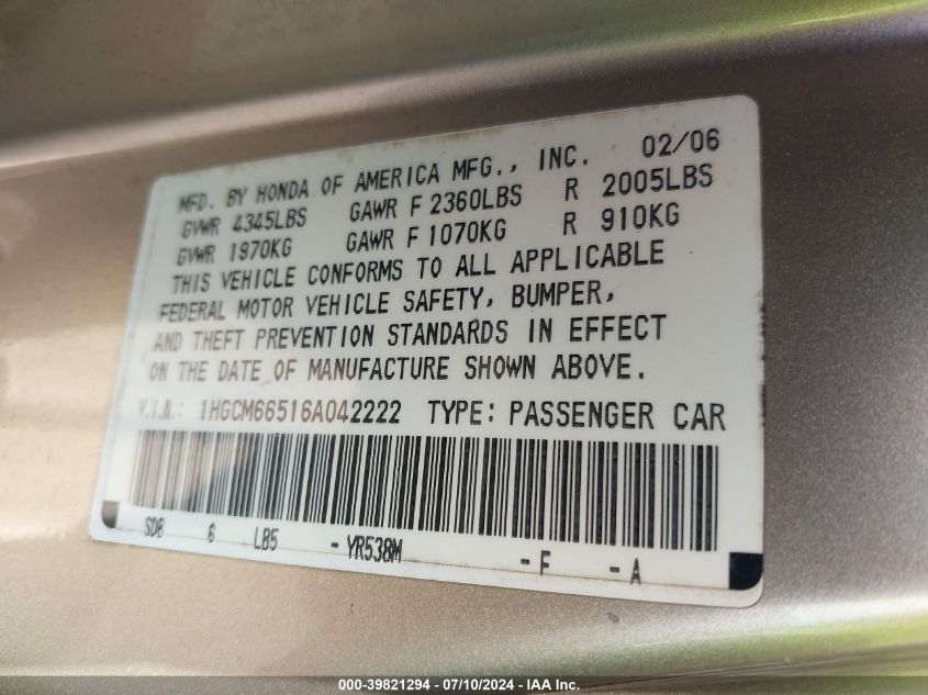 2006 Honda Accord 3.0 Ex VIN: 1HGCM66516A042222 Lot: 39821294