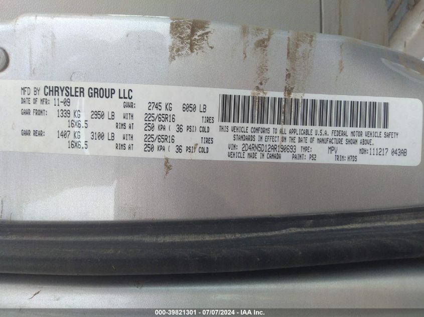 2010 Dodge Grand Caravan Sxt VIN: 2D4RN5D12AR190693 Lot: 39821301