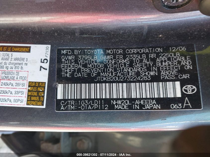 2007 Toyota Prius VIN: JTDKB20U273224283 Lot: 39821302