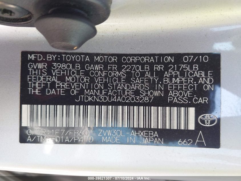 2010 Toyota Prius Ii VIN: JTDKN3DU4A0203287 Lot: 39821307