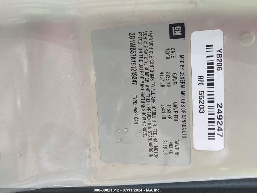 2009 Chevrolet Impala Ls VIN: 2G1WB57K191249247 Lot: 39821312