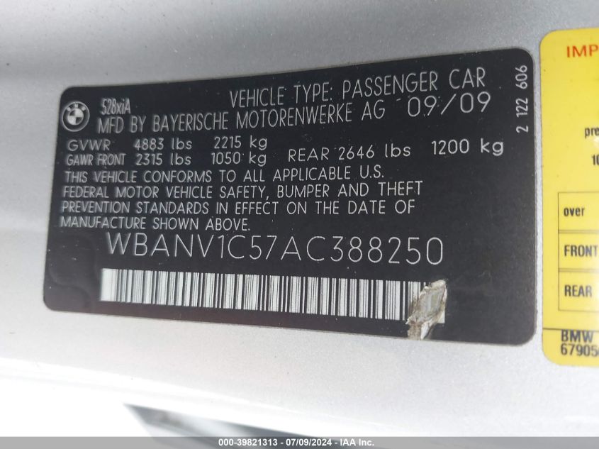 2010 BMW 528 Xi VIN: WBANV1C57AC388250 Lot: 39821313