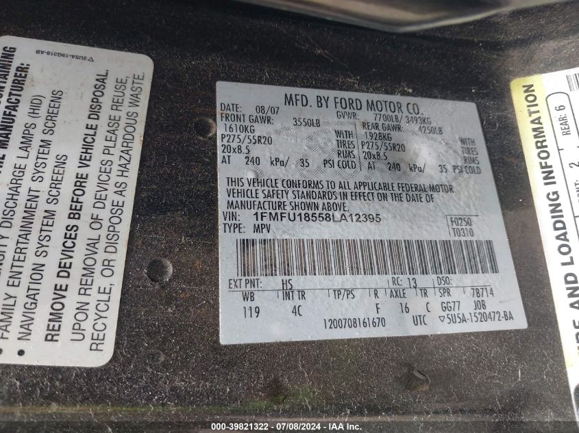 2008 Ford Expedition Eddie Bauer/King Ranch VIN: 1FMFU18558LA12395 Lot: 39821322